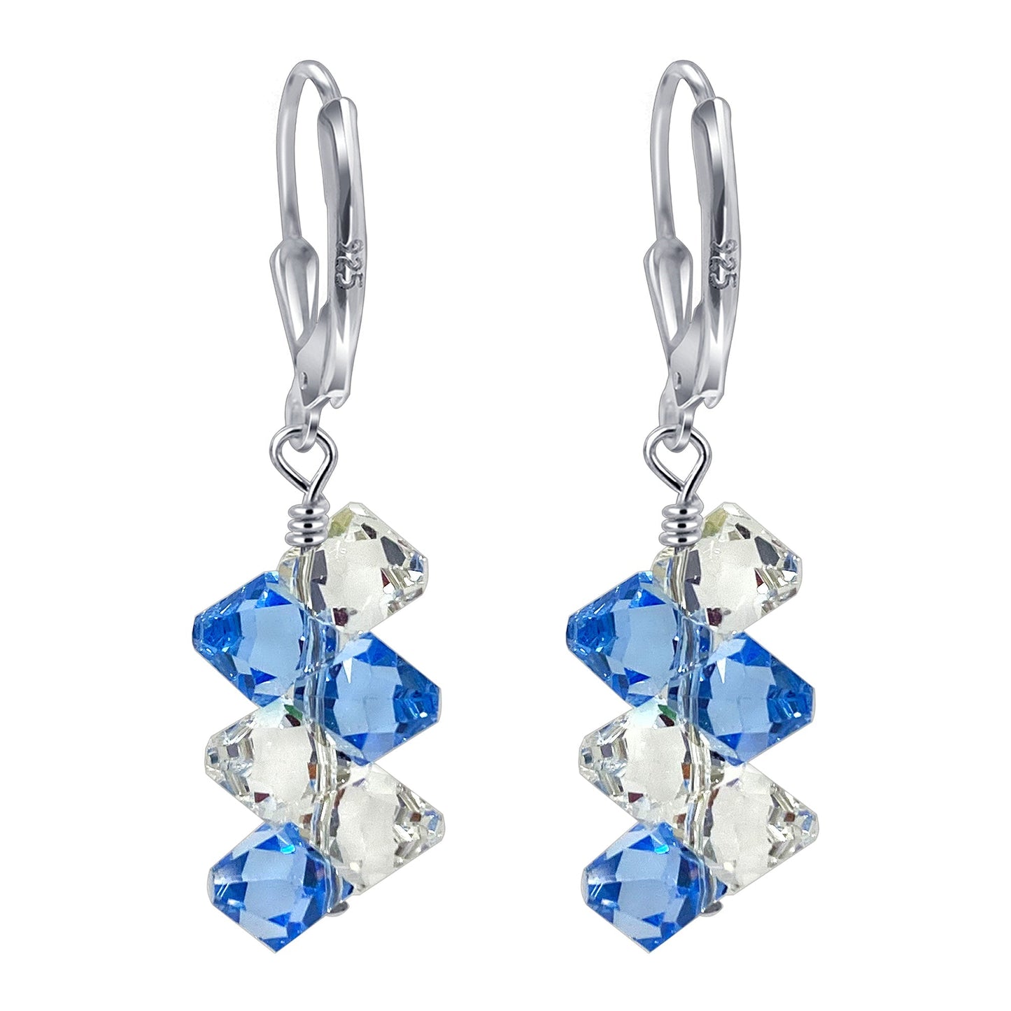 .925 Sterling Silver Leverback Dangle Earrings with Austrian Crystals