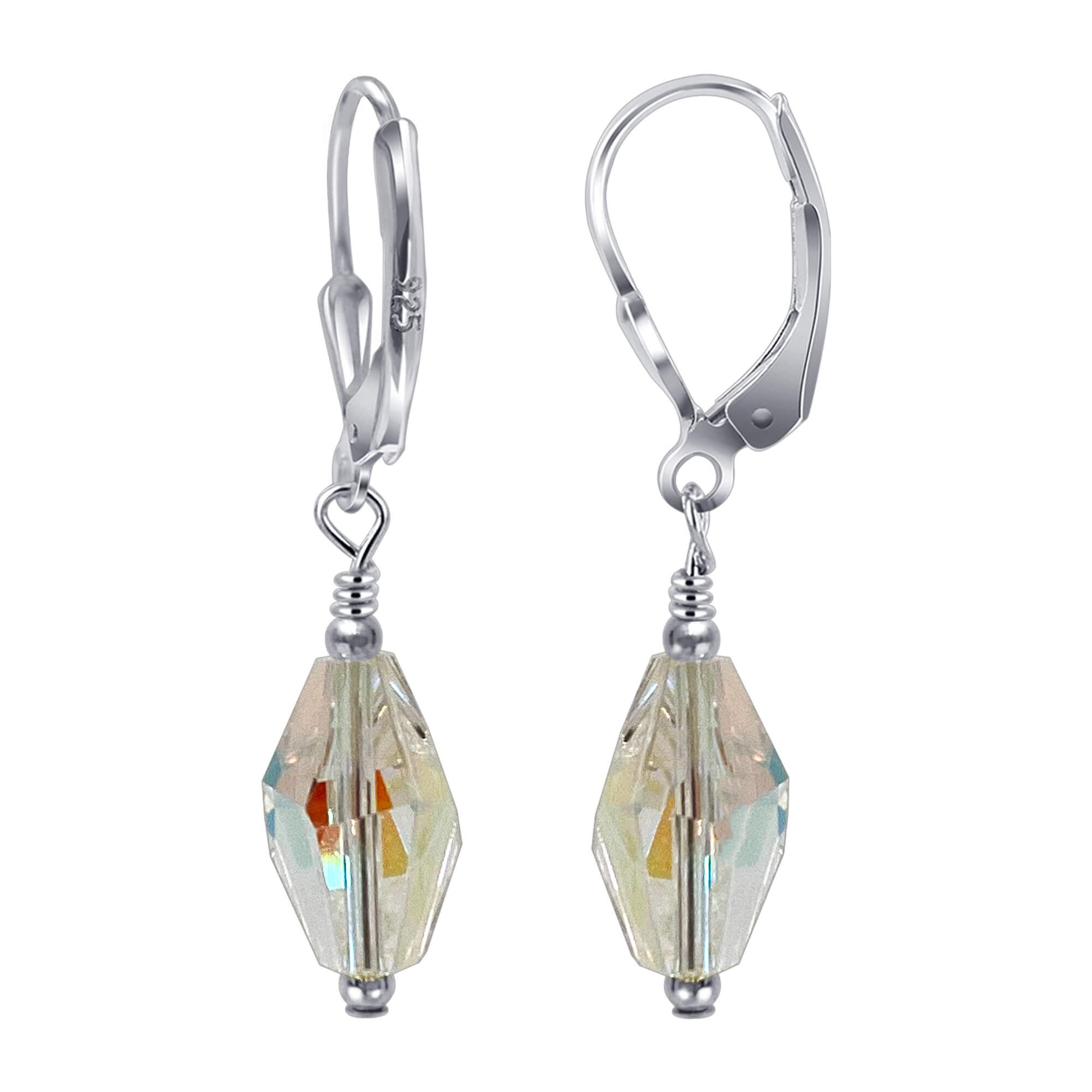 Clear Austrian Crystals 925 Sterling Silver Leverback Drop Earrings - Gem Avenue