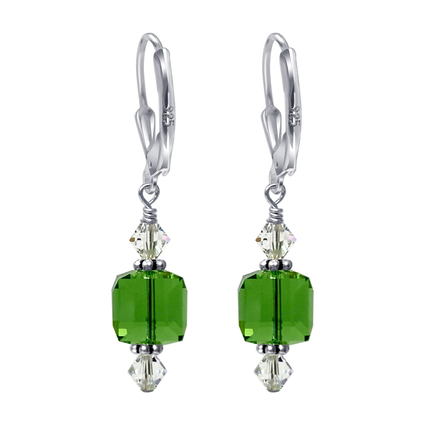 .925 Silver Drop Earrings with Faceted Cube and Bicone Austrian Crystals