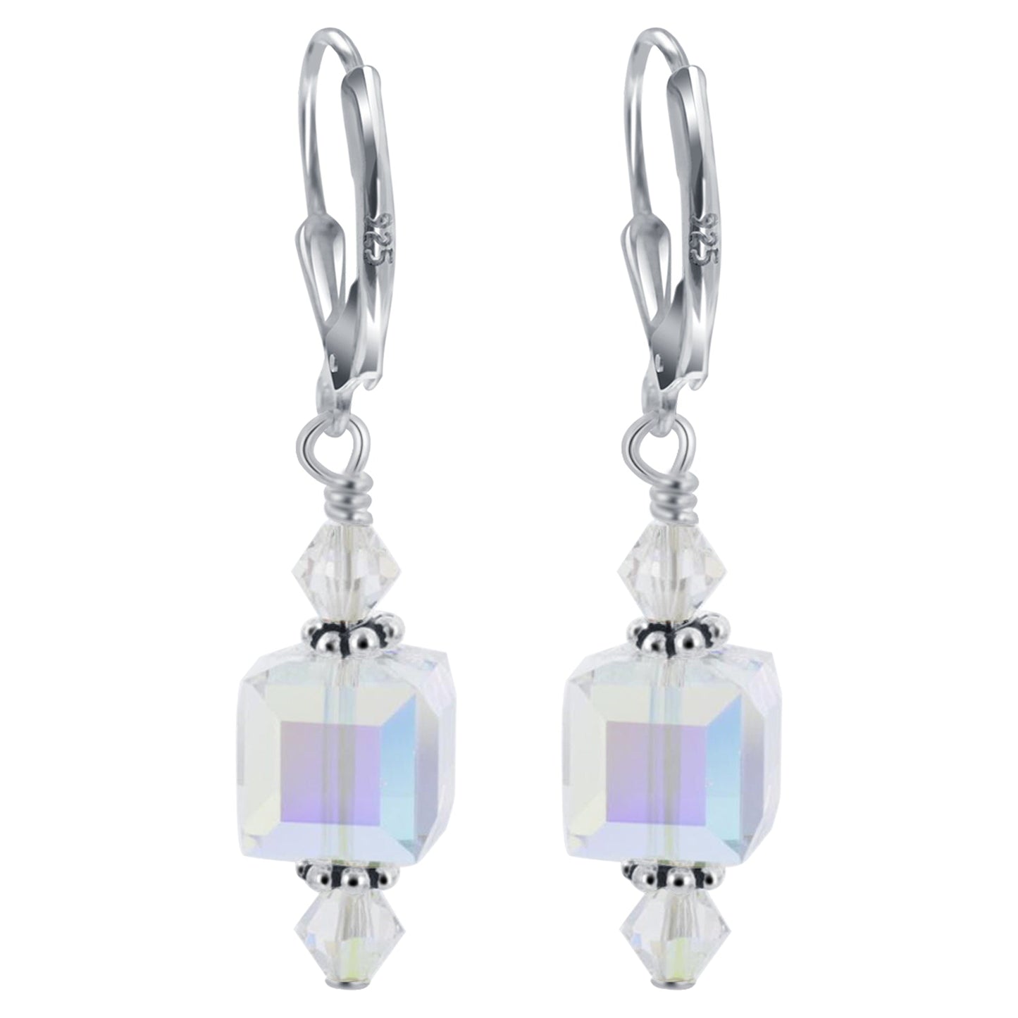 .925 Silver Drop Earrings with Faceted Cube and Bicone Austrian Crystals