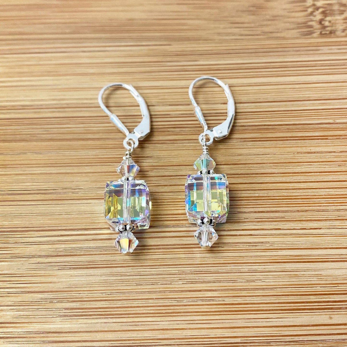 .925 Silver Drop Earrings with Faceted Cube and Bicone Austrian Crystals