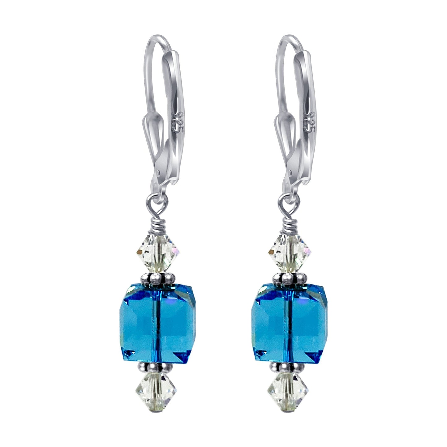 .925 Silver Drop Earrings with Faceted Cube and Bicone Austrian Crystals