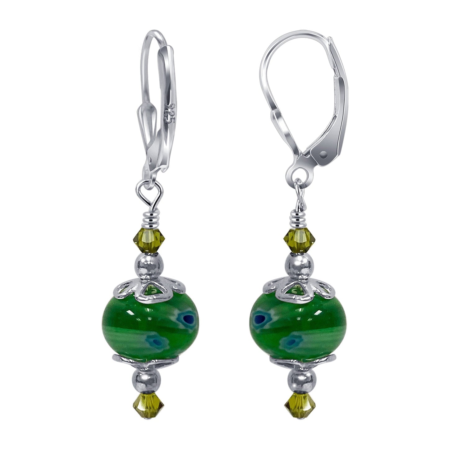 .925 Silver Earrings with Glass Beads and Austrian Crystal Drops