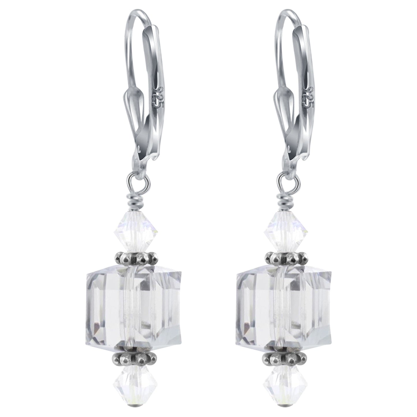 .925 Silver Drop Earrings with Faceted Cube and Bicone Austrian Crystals
