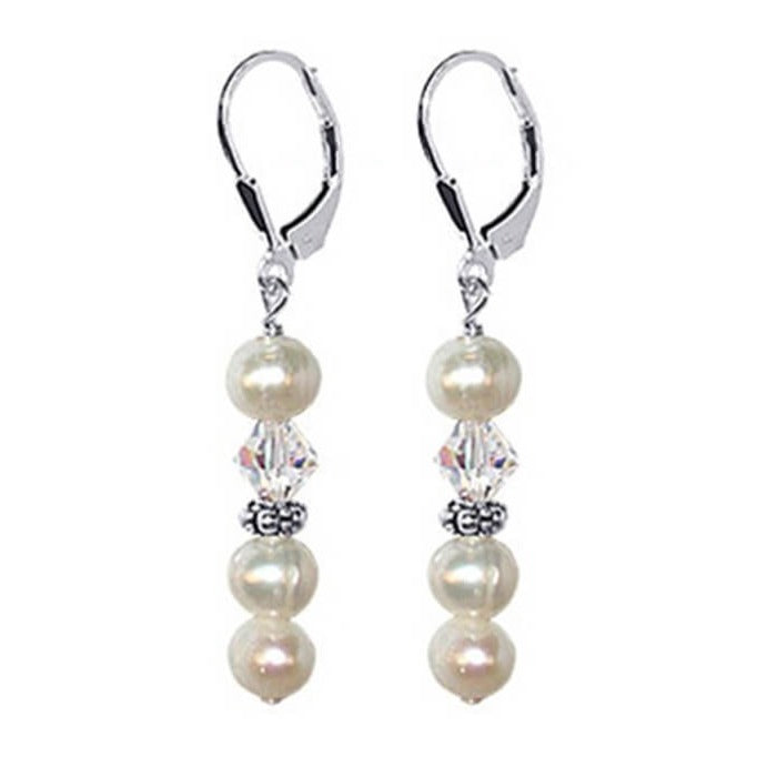 Freshwater Pearl Austrian Crystal 925 Sterling Silver Leverback Drop Earrings - Gem Avenue
