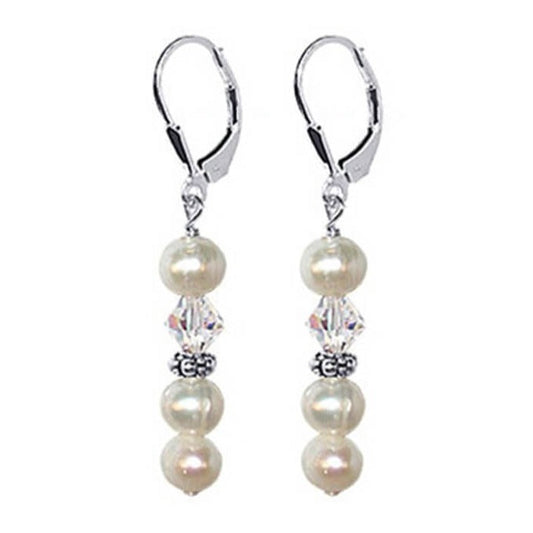 Freshwater Pearl Austrian Crystal 925 Sterling Silver Leverback Drop Earrings - Gem Avenue