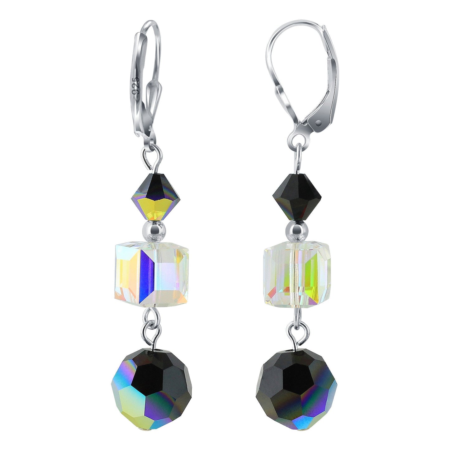 Clear and Black Austrian Crystals Sterling Silver Dangle Earrings - Gem Avenue