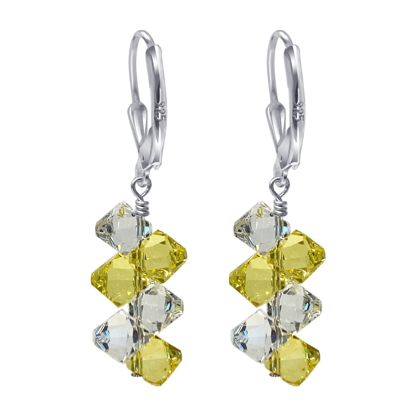 Yellow and Clear Austrian Crystals 925 Sterling Silver Leverback Earrings - Gem Avenue