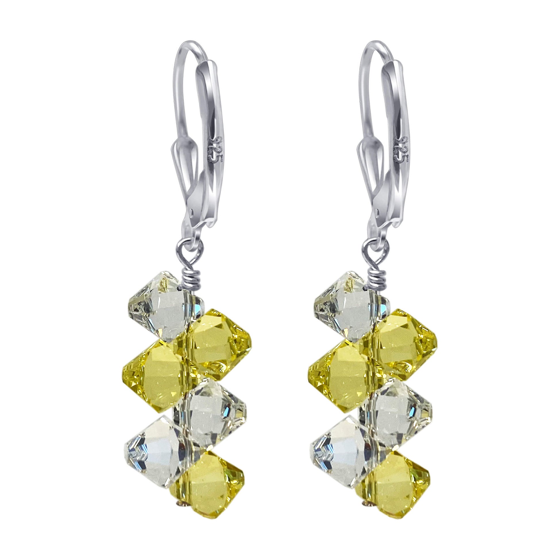 Yellow and Clear Austrian Crystals 925 Sterling Silver Leverback Earrings - Gem Avenue
