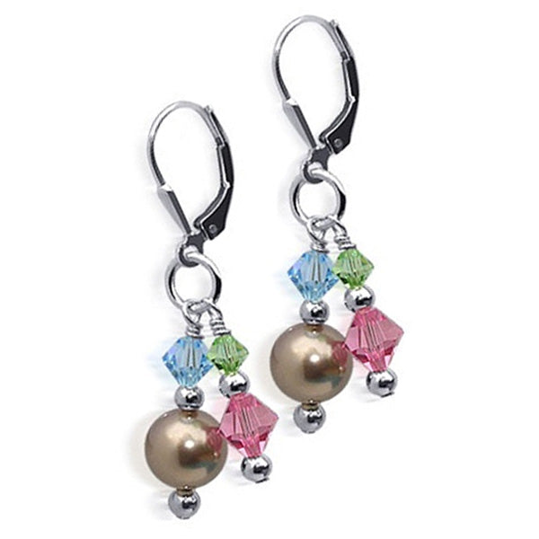 Pearl & Austrian Crystals 925 Sterling Silver Leverback Drop Earrings 1.5 inch long - Gem Avenue
