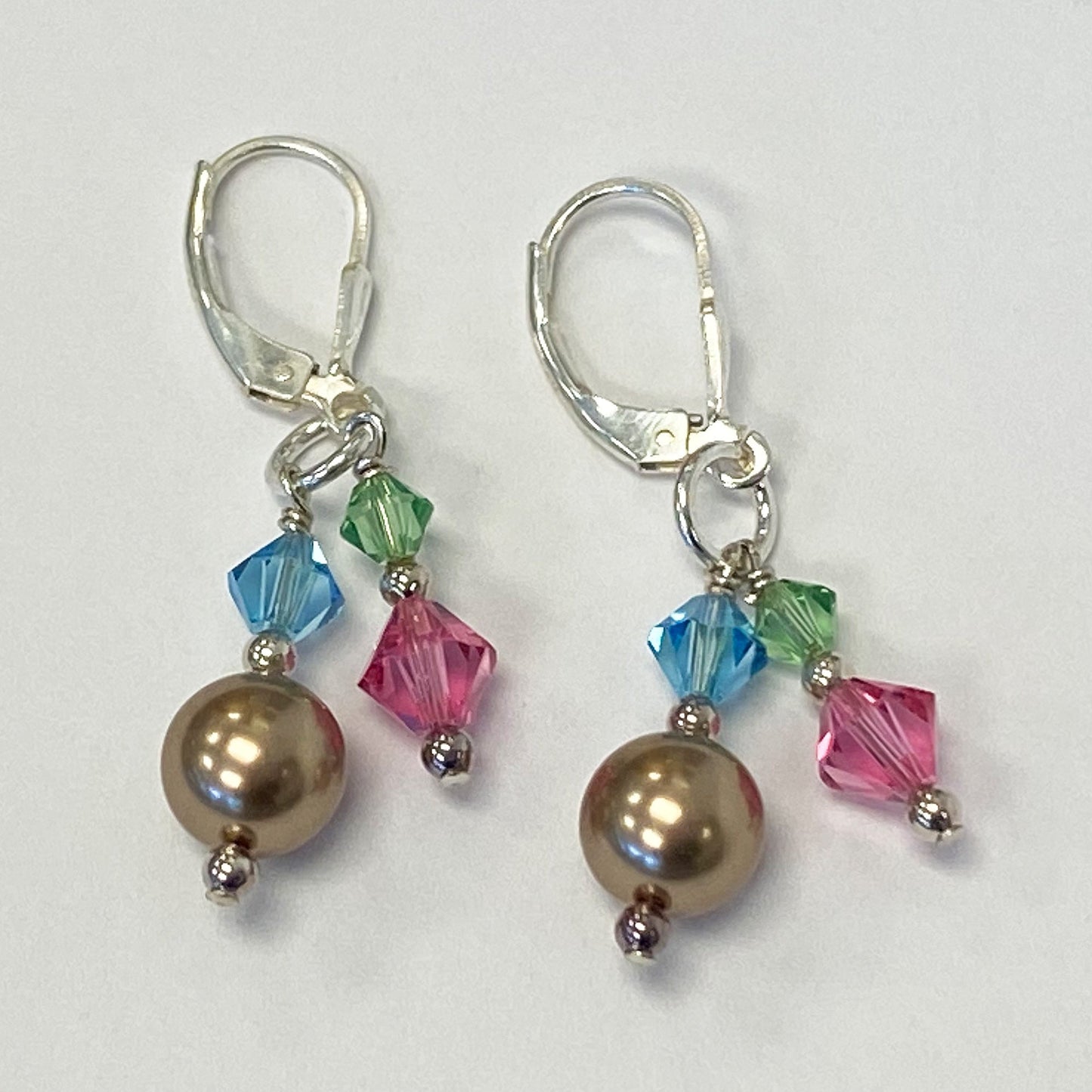 Pearl & Austrian Crystals 925 Sterling Silver Leverback Drop Earrings 1.5 inch long - Gem Avenue