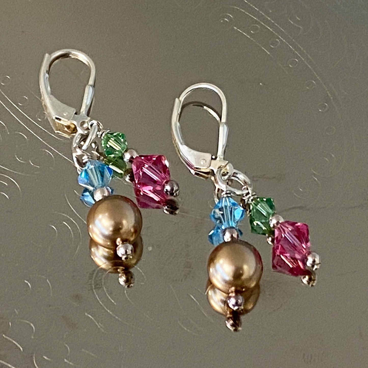 Pearl & Austrian Crystals 925 Sterling Silver Leverback Drop Earrings 1.5 inch long - Gem Avenue