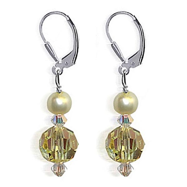 Yellow Pearl Austrian Crystals 925 Sterling Silver Leverback Drop Earrings - Gem Avenue