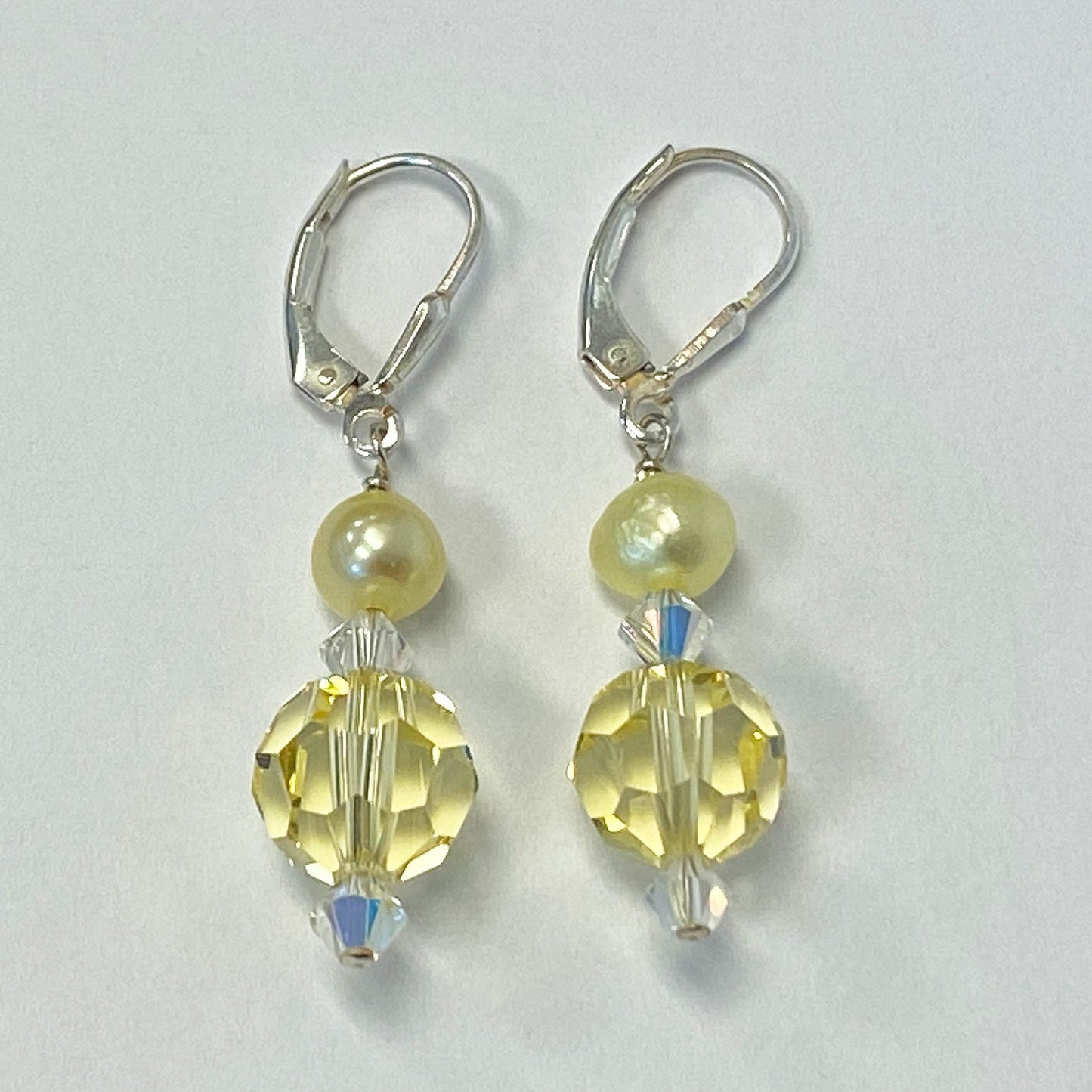 Yellow Pearl Austrian Crystals 925 Sterling Silver Leverback Drop Earrings - Gem Avenue