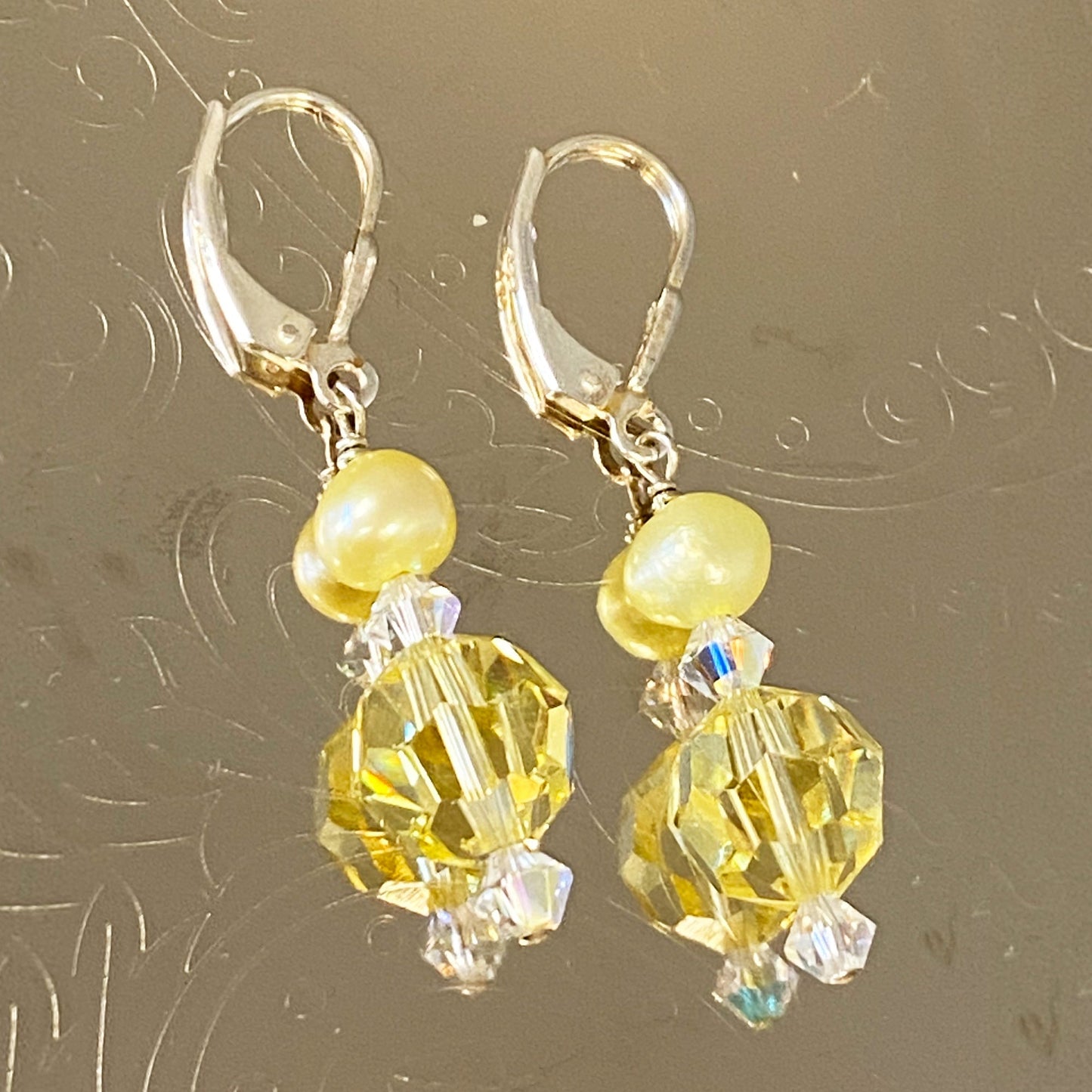 Yellow Pearl Austrian Crystals 925 Sterling Silver Leverback Drop Earrings - Gem Avenue