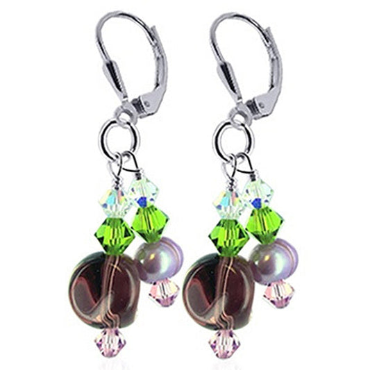Pearl with Austrian Crystals 925 Sterling Silver Leverback Earrings 1 inch long - Gem Avenue