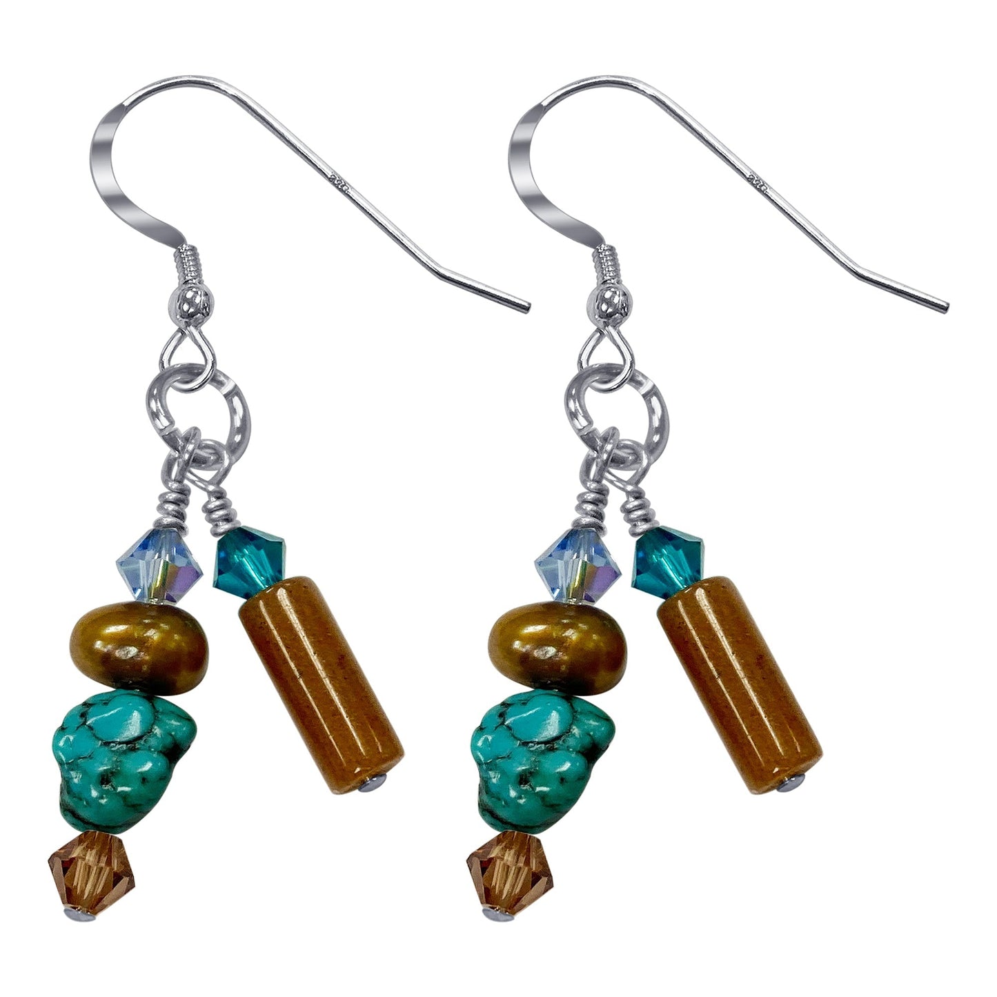 Pearl, Turquoise & Austrian Crystals Sterling Silver Drop Earrings 1.2 inch long - Gem Avenue