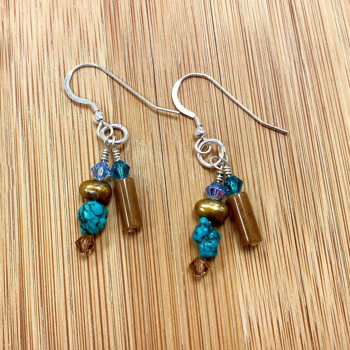 Pearl, Turquoise & Austrian Crystals Sterling Silver Drop Earrings 1.2 inch long - Gem Avenue