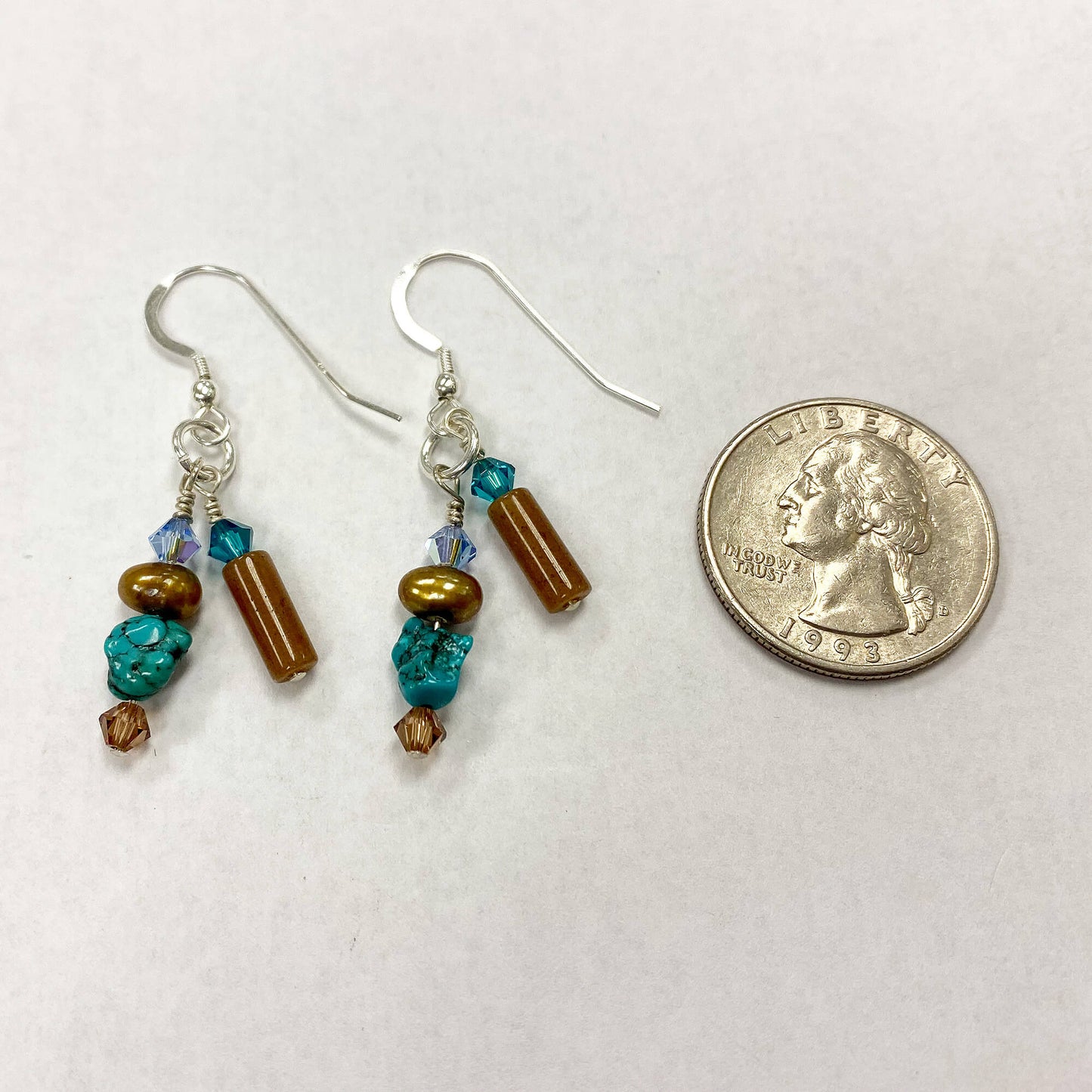 Pearl, Turquoise & Austrian Crystals Sterling Silver Drop Earrings 1.2 inch long - Gem Avenue