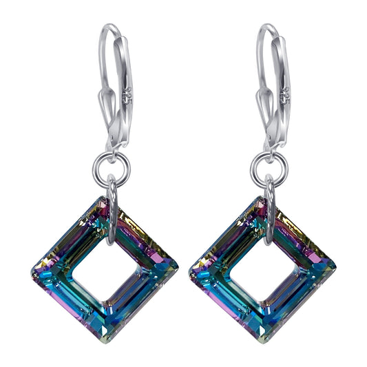 Square Shape Austrian Crystal Handmade Sterling Silver Drop Earrings