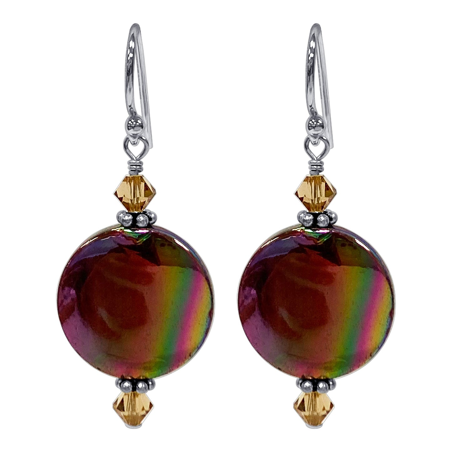 MOP with Yellow Austrian Crystals 925 Sterling Silver Drop Earrings 1.5 inch long - Gem Avenue