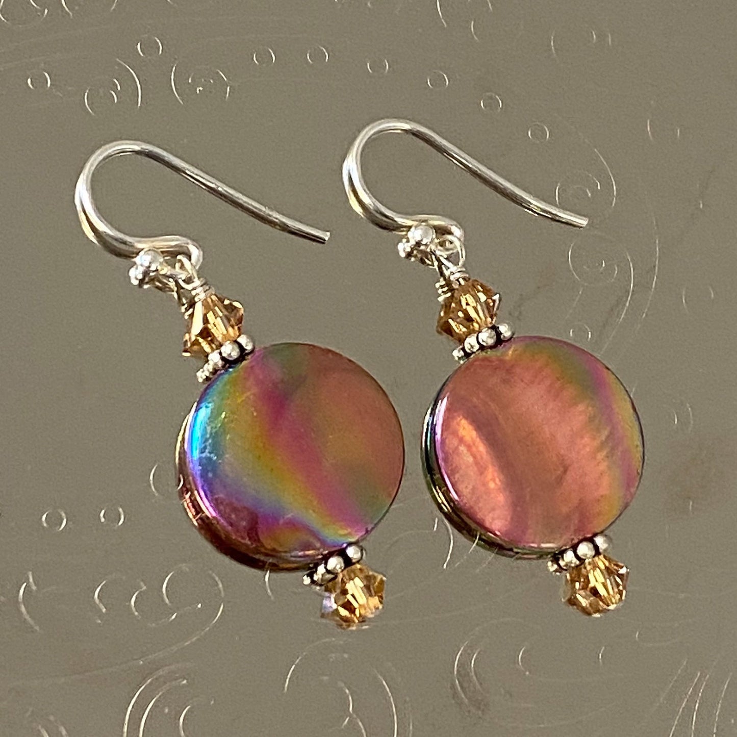 MOP with Yellow Austrian Crystals 925 Sterling Silver Drop Earrings 1.5 inch long - Gem Avenue