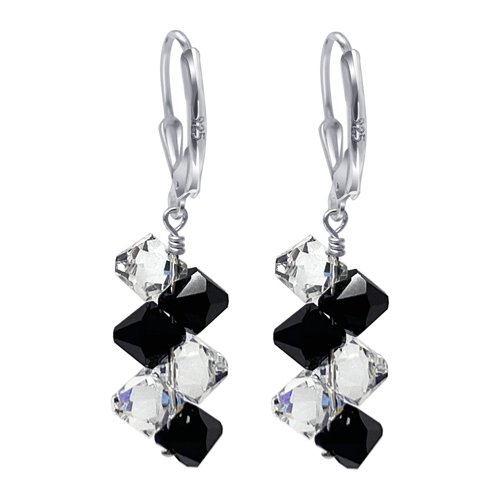 Clear and Black Austrian Crystals 925 Sterling Silver Leverback Earrings - Gem Avenue