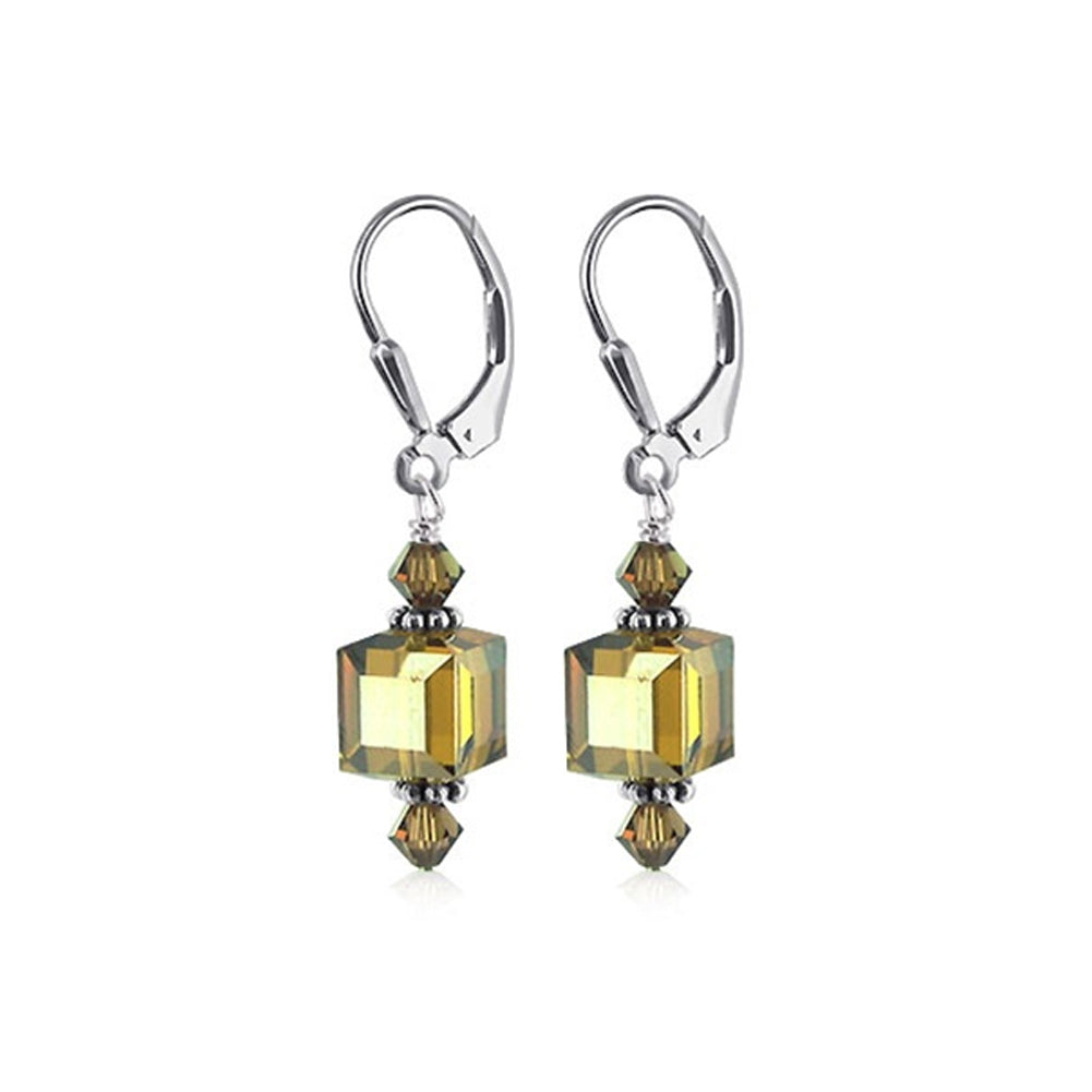 .925 Silver Drop Earrings with Faceted Cube and Bicone Austrian Crystals