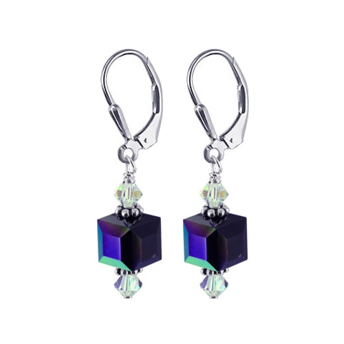 .925 Silver Drop Earrings with Faceted Cube and Bicone Austrian Crystals