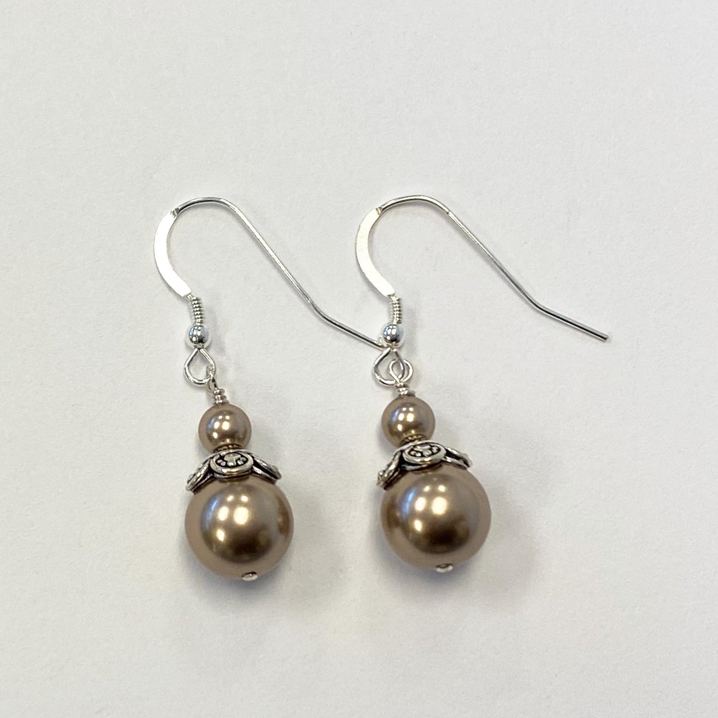Brown Faux Pearl Austrian Crystals 925 Sterling Silver Drop Earrings - Gem Avenue