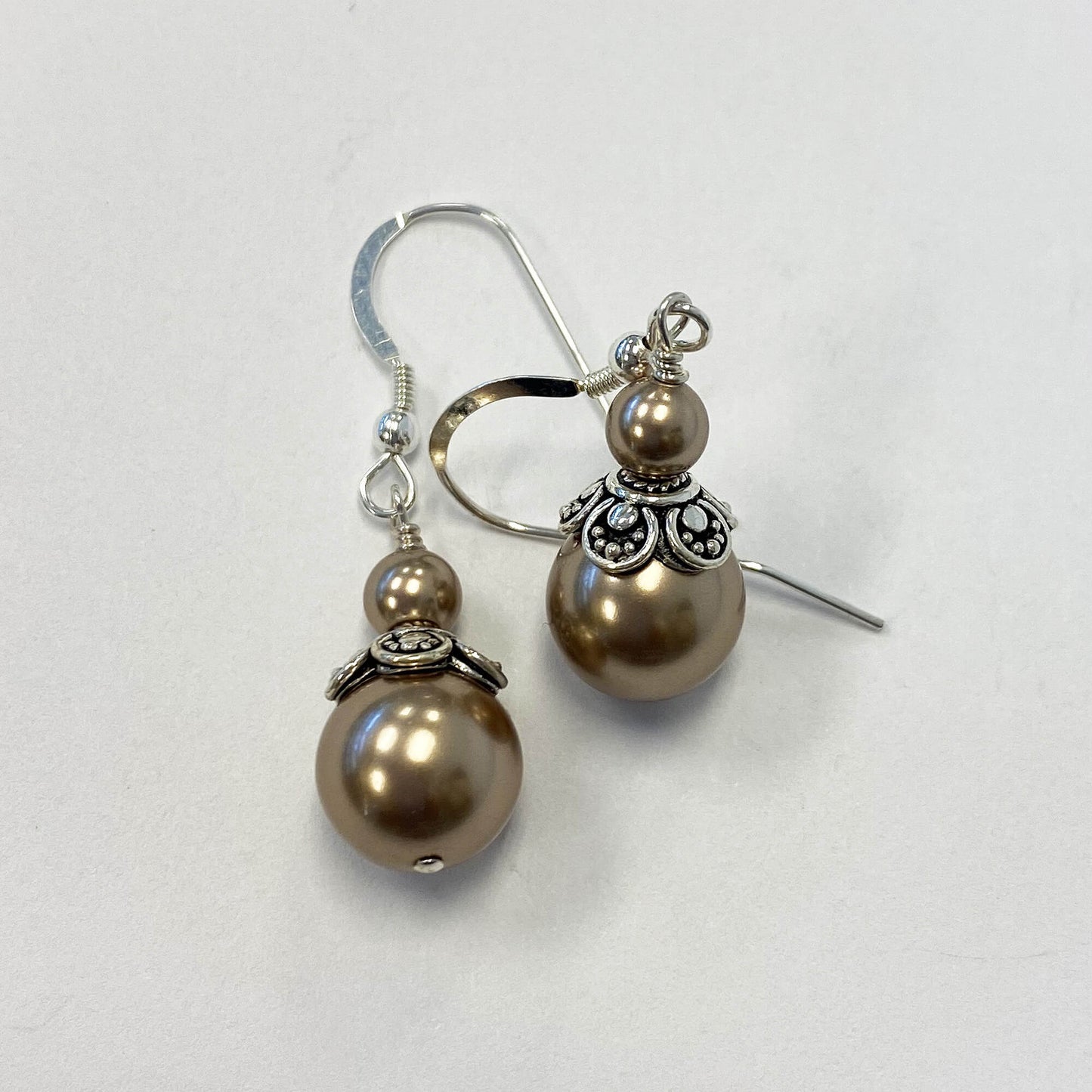 Brown Faux Pearl Austrian Crystals 925 Sterling Silver Drop Earrings - Gem Avenue