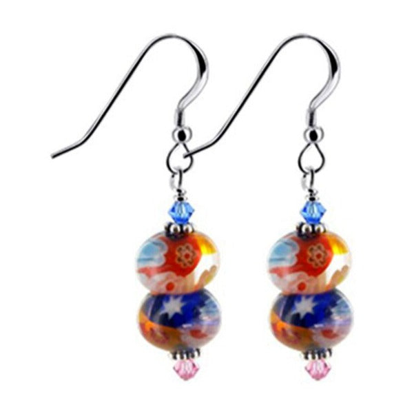 Millefiori Glass Austrian Crystals 925 Sterling Silver Drop Earrings - Gem Avenue