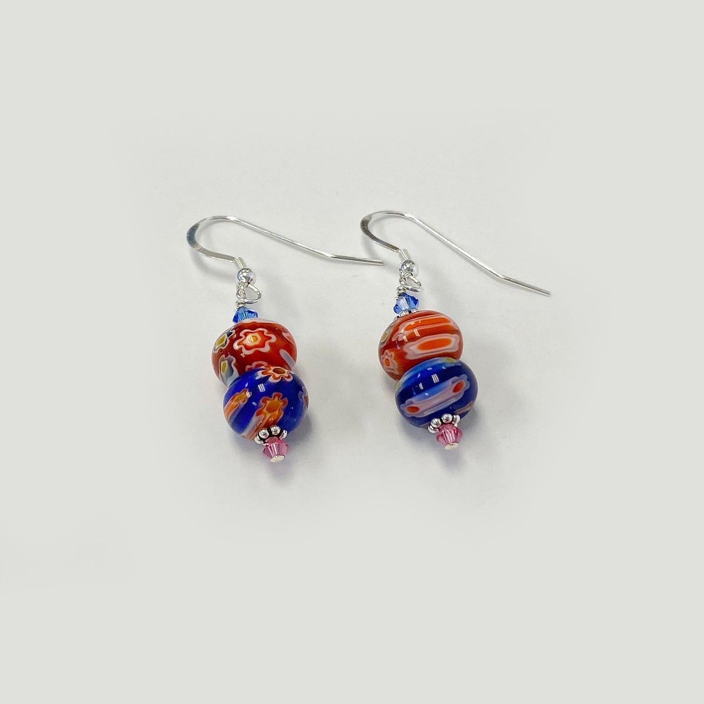 Millefiori Glass Austrian Crystals 925 Sterling Silver Drop Earrings - Gem Avenue