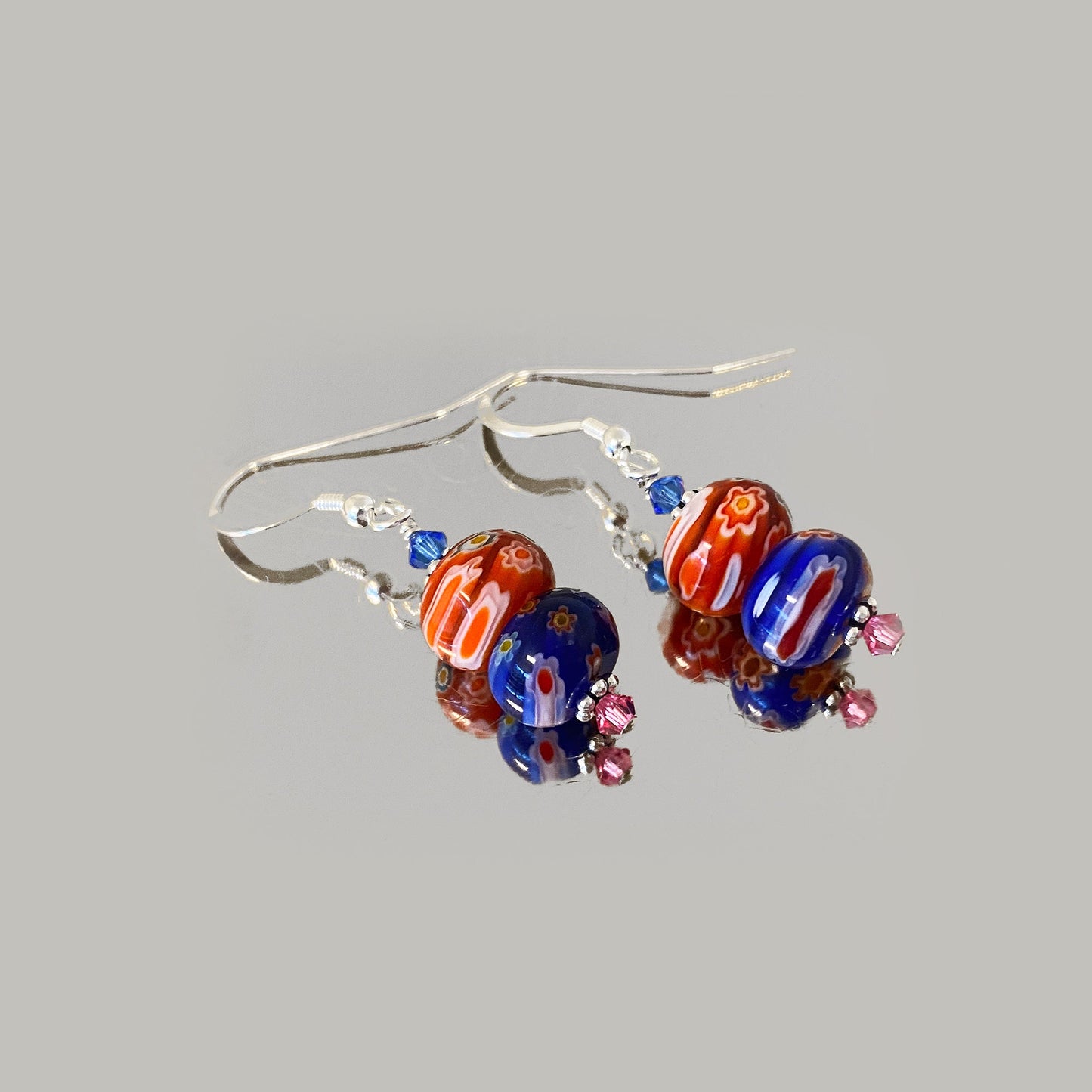 Millefiori Glass Austrian Crystals 925 Sterling Silver Drop Earrings - Gem Avenue