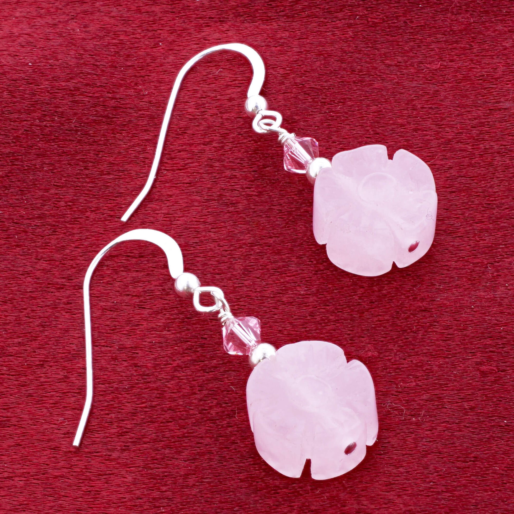 Rose Quartz Beads Austrian Crystals 925 Sterling Silver Earrings - Gem Avenue