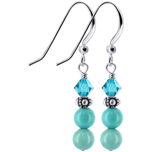 Turquoise Stone Blue Austrian Crystals 925 Sterling Silver Drop Earrings - Gem Avenue