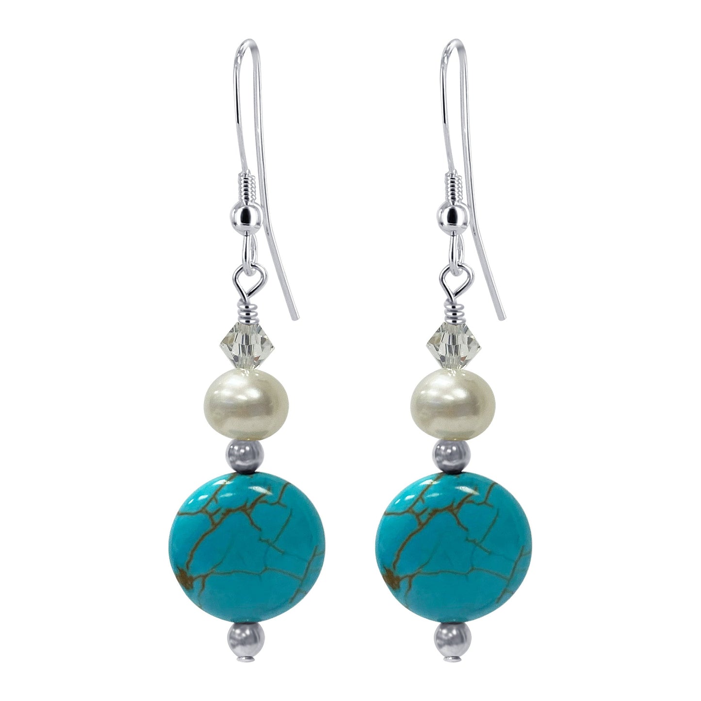 925 Sterling Silver Simulated Turquoise Pearl Austrian Crystal Drop Earrings - Gem Avenue