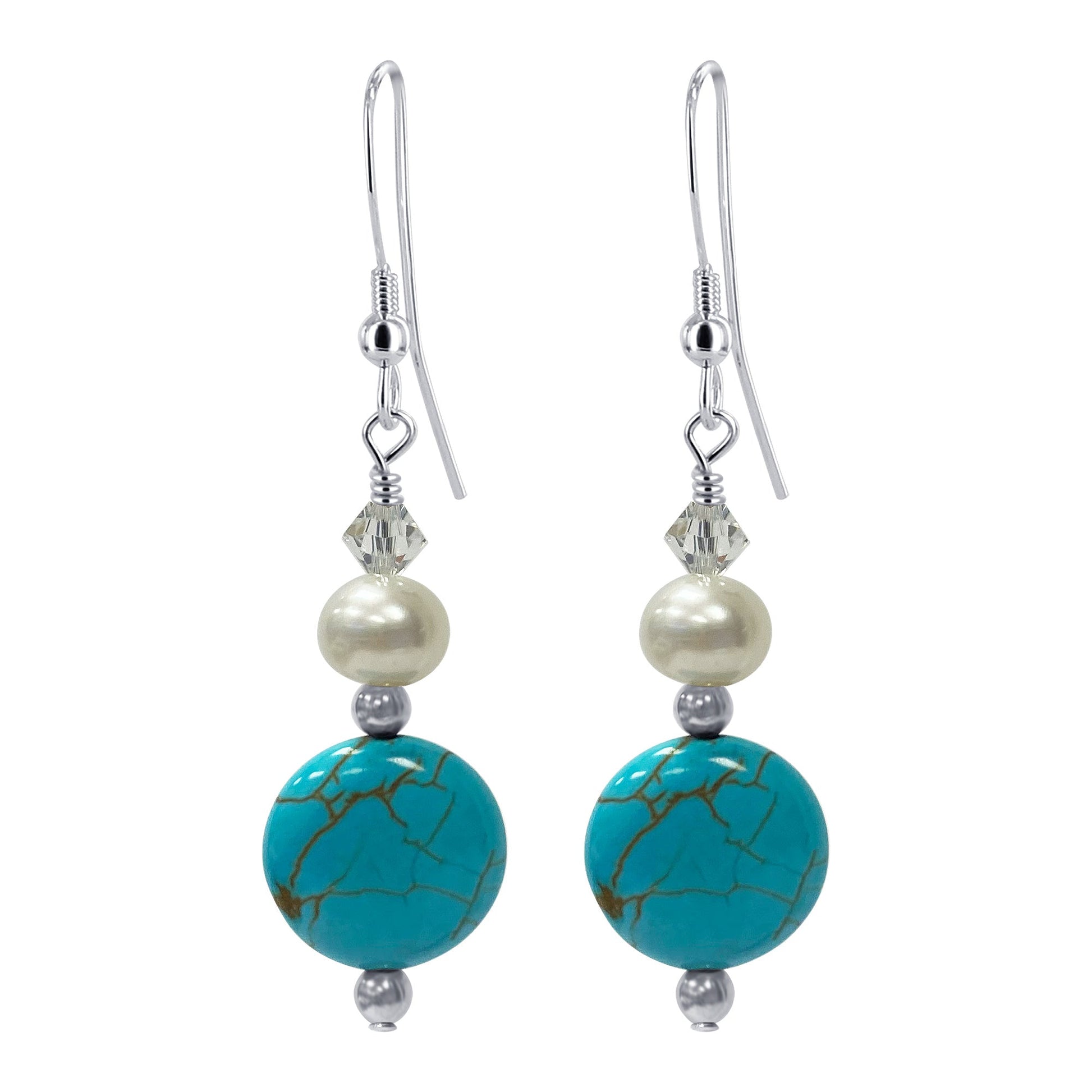 925 Sterling Silver Simulated Turquoise Pearl Austrian Crystal Drop Earrings - Gem Avenue