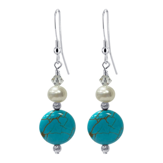 925 Sterling Silver Simulated Turquoise Pearl Austrian Crystal Drop Earrings - Gem Avenue