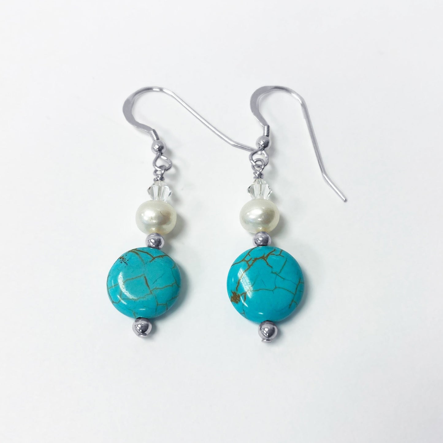 925 Sterling Silver Simulated Turquoise Pearl Austrian Crystal Drop Earrings - Gem Avenue