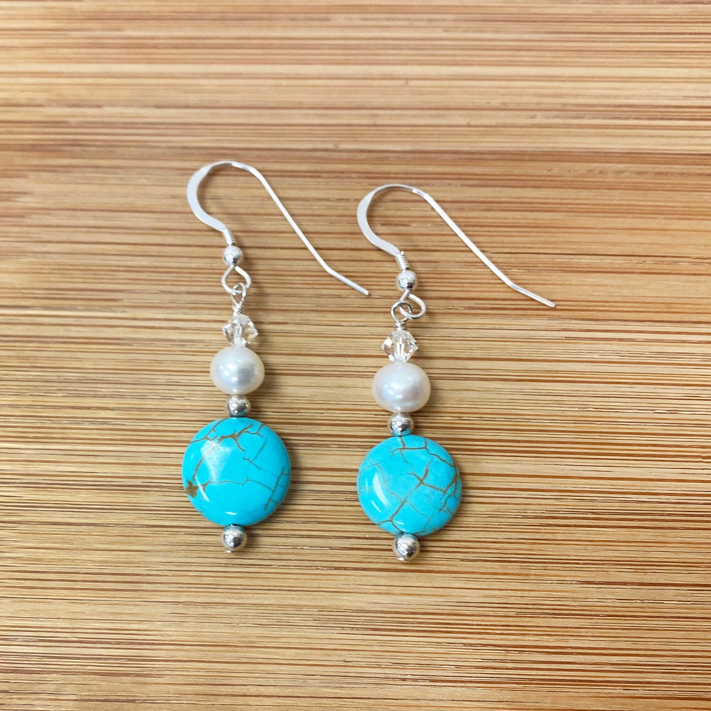 925 Sterling Silver Simulated Turquoise Pearl Austrian Crystal Drop Earrings - Gem Avenue