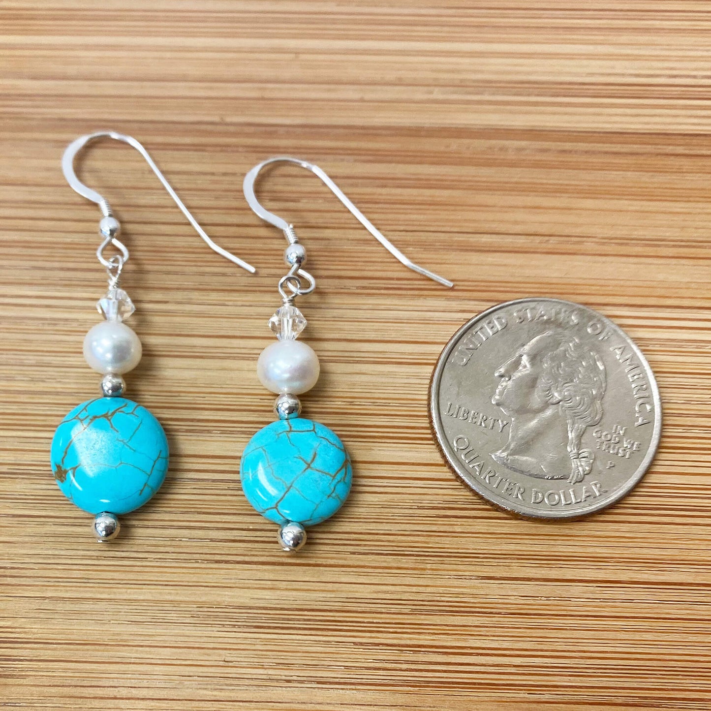 925 Sterling Silver Simulated Turquoise Pearl Austrian Crystal Drop Earrings - Gem Avenue