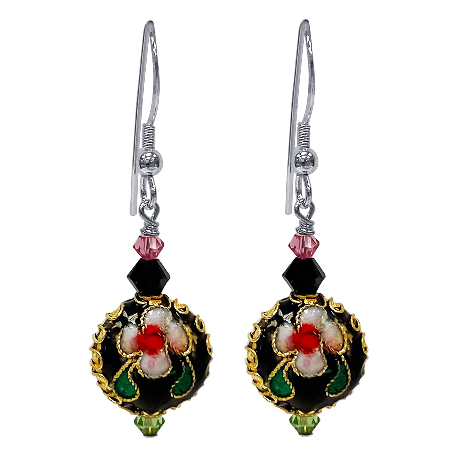 Cloisonne Bead Austrian Crystals 925 Sterling Silver Handmade Drop Earrings - Gem Avenue