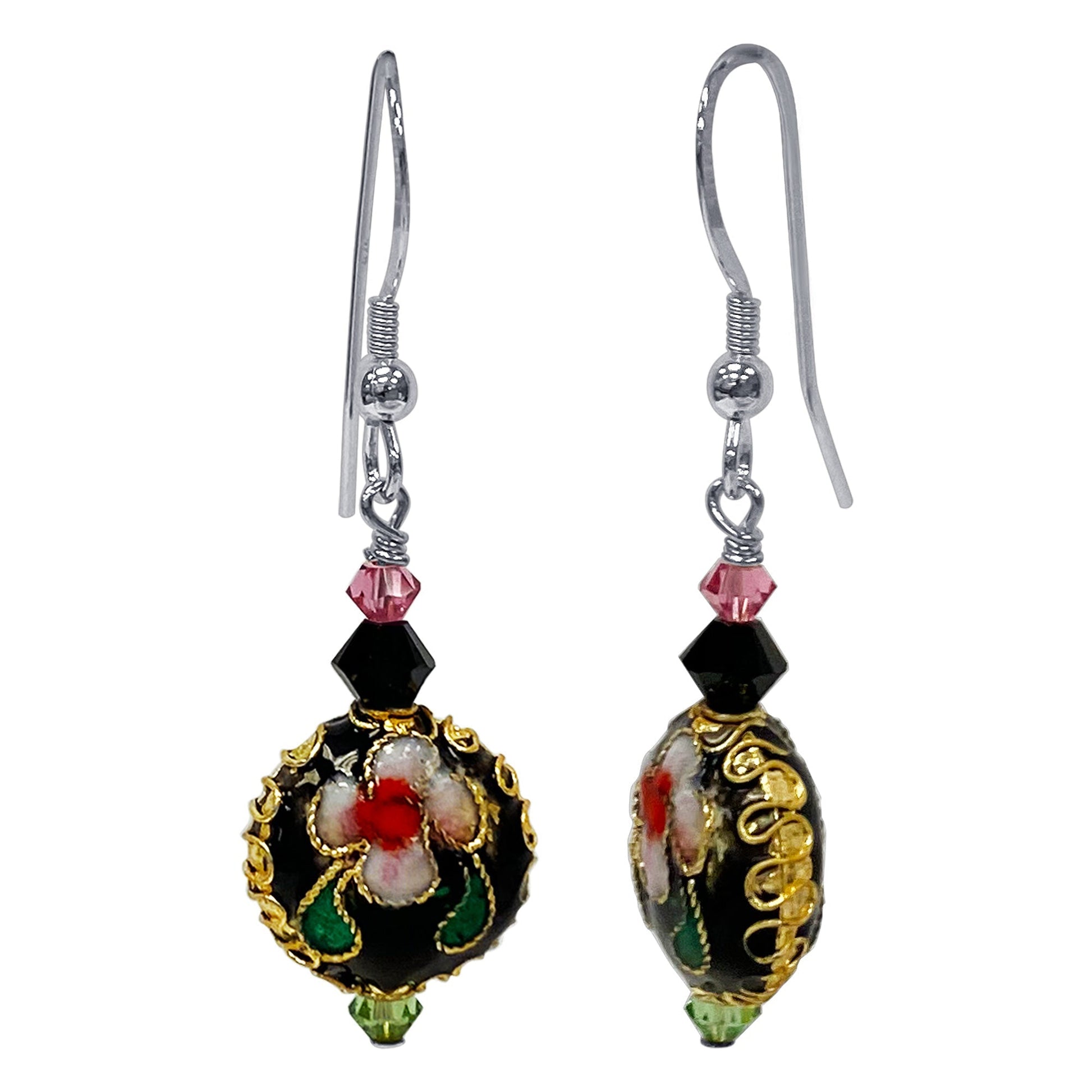 Cloisonne Bead Austrian Crystals 925 Sterling Silver Handmade Drop Earrings - Gem Avenue
