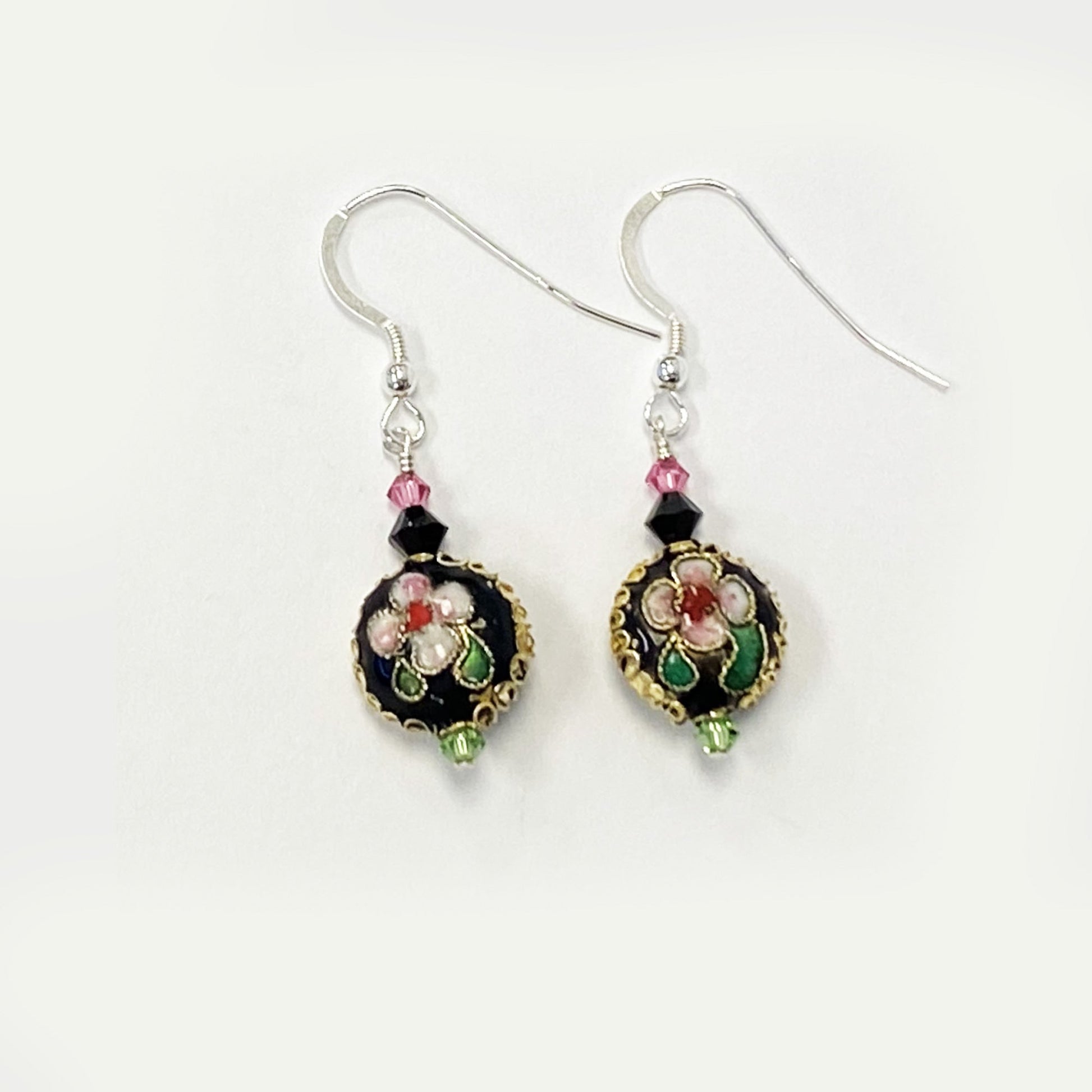 Cloisonne Bead Austrian Crystals 925 Sterling Silver Handmade Drop Earrings - Gem Avenue