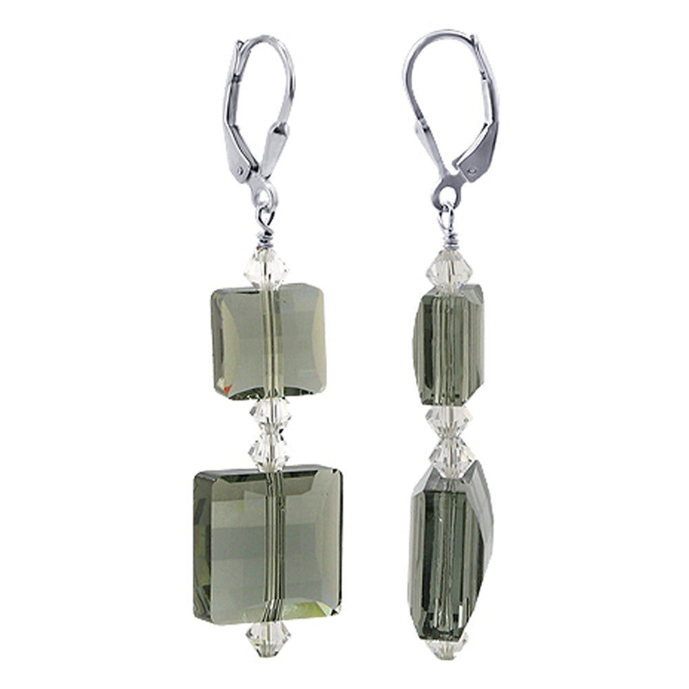 .925 Sterling Silver Drop Earrings with Square Multifaceted Austrian Crystals
