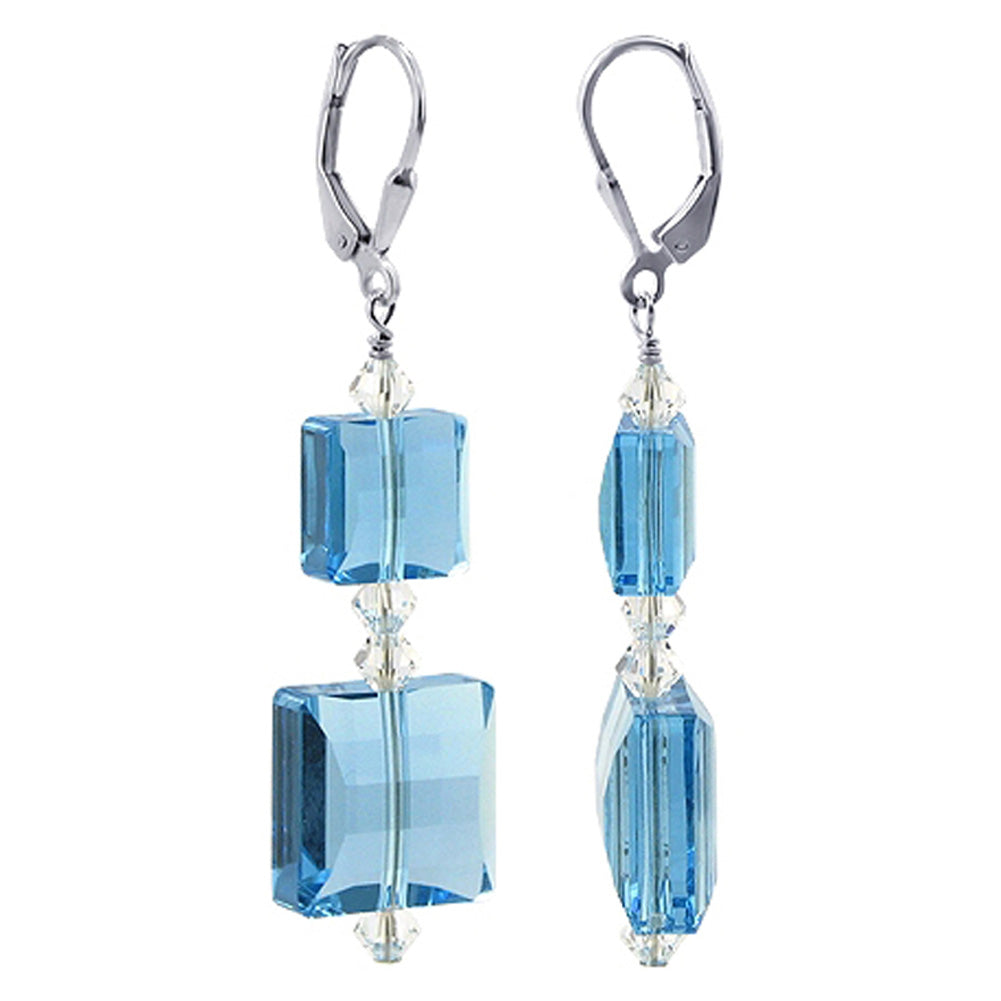 .925 Sterling Silver Drop Earrings with Square Multifaceted Austrian Crystals