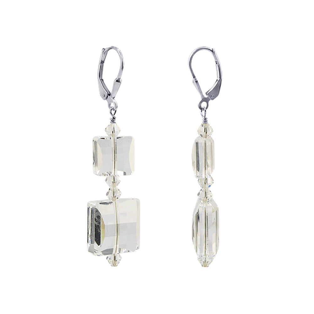 .925 Sterling Silver Drop Earrings with Square Multifaceted Austrian Crystals
