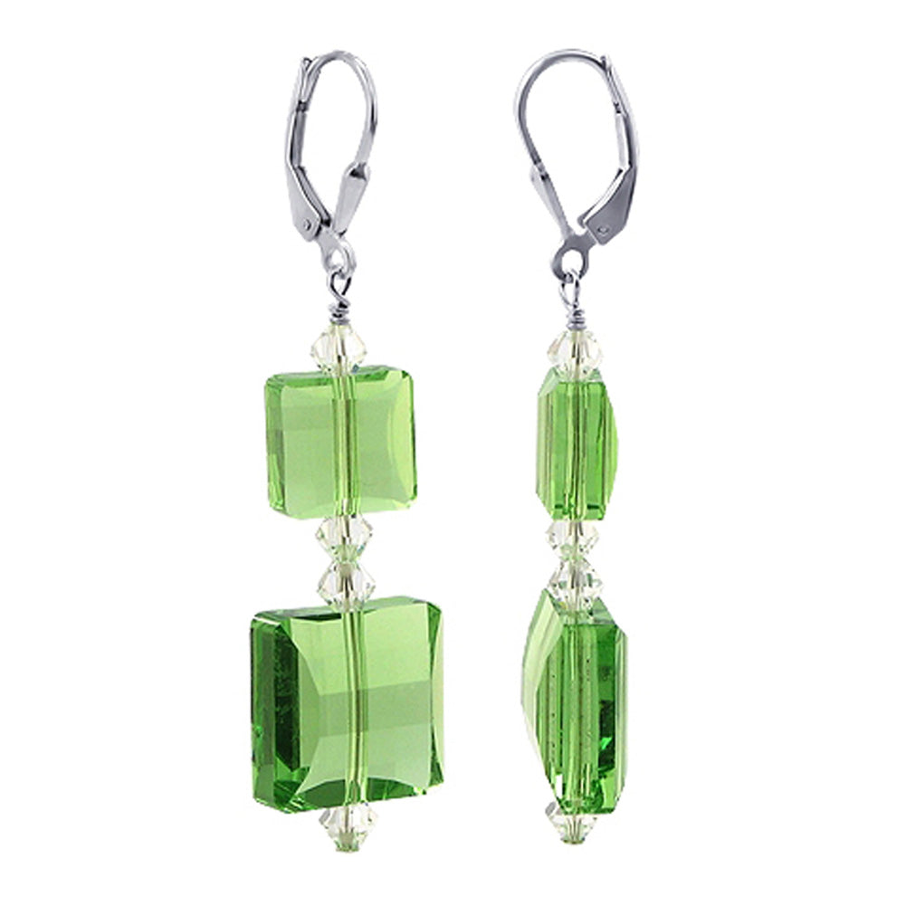 .925 Sterling Silver Drop Earrings with Square Multifaceted Austrian Crystals