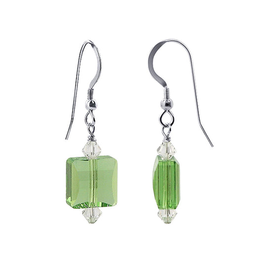 Handmade 925 Sterling Silver Drop Earrings with Square and Bicone Austrian Crystals